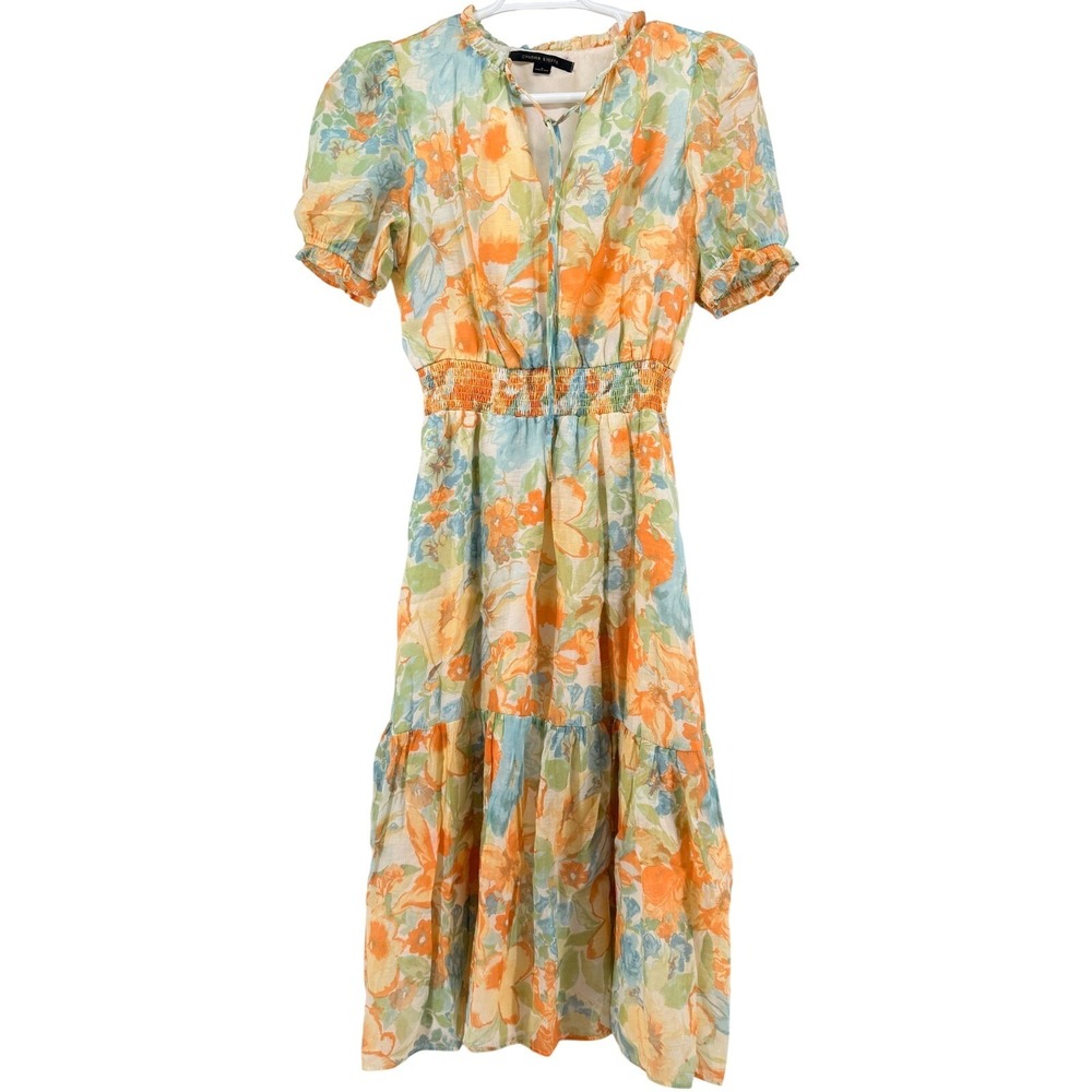Cynthia Steffe Womens M Floral Midi Dress Smocked Waist Puff Sleeve Boho